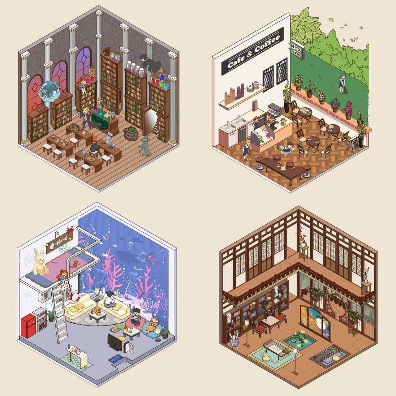 DIY 4 Miniature Scene Stickers: Potions Classroom|Deep Sea Mystery Hall|Traditional Chinese House|Cafe Shop