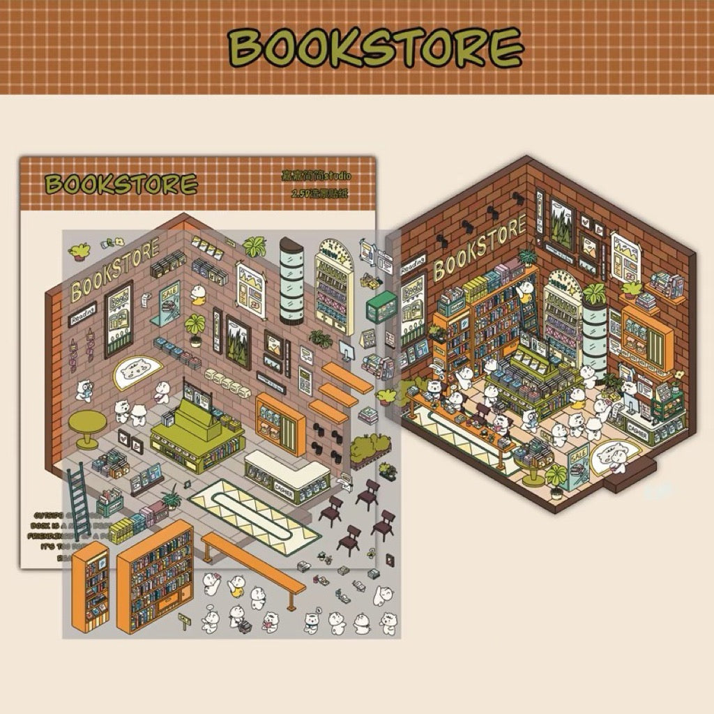 3D Miniature Scene Stickers, Make a UFO Capture|Night Market|Bookstore|BurgerShop