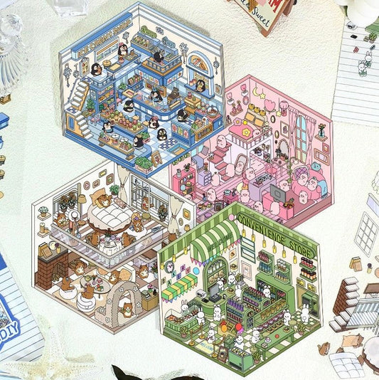 3D Sticker Scene, DIY Pink Hut|Coffee Cat Loft|Penguin Ice Cream|Bunny Store