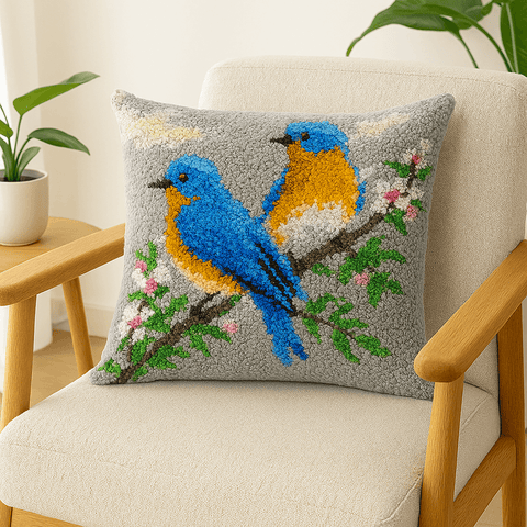 Couple Birds Pillowcase - (17x17in - 43x43cm) - DIY Latch Hook Kit