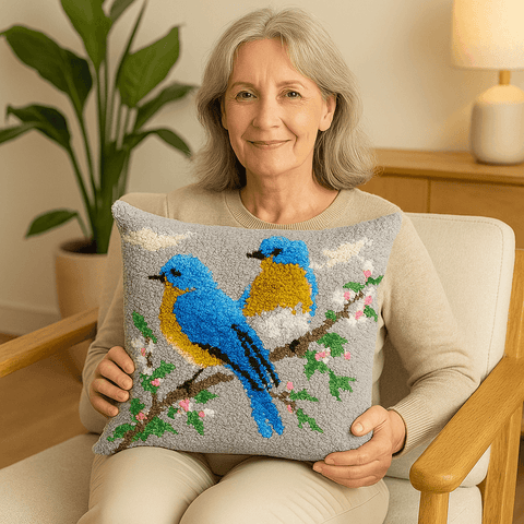 Couple Birds Pillowcase - (17x17in - 43x43cm) - DIY Latch Hook Kit