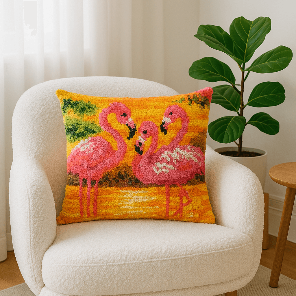 Flamingo Sunset Pillowcase - (17x17in - 43x43cm) - DIY Latch Hook Kit