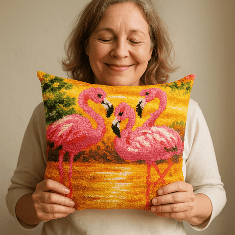 Flamingo Sunset Pillowcase - (17x17in - 43x43cm) - DIY Latch Hook Kit