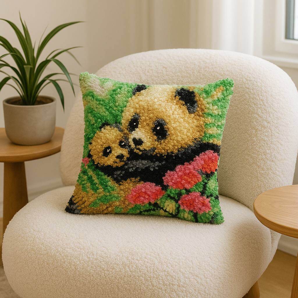 Panda Love Pillowcase - (17x17in - 43x43cm) - DIY Latch Hook Kit