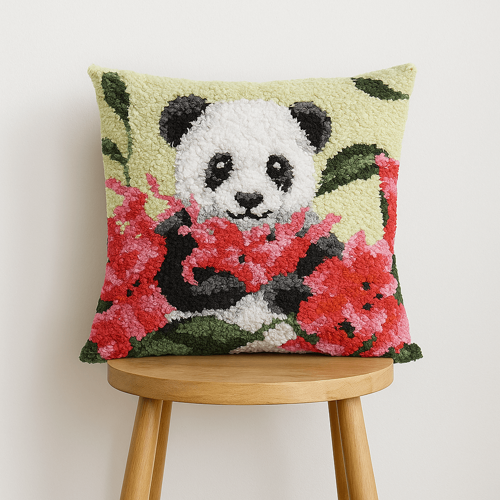 Floral Panda Pillowcase (17x17in - 43x43cm) - DIY Latch Hook Kit