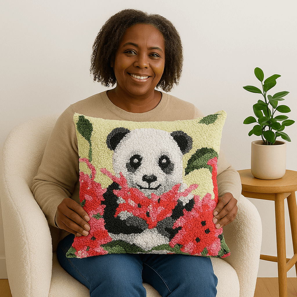 Floral Panda Pillowcase (17x17in - 43x43cm) - DIY Latch Hook Kit
