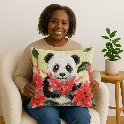 Floral Panda Pillowcase (17x17in - 43x43cm) - DIY Latch Hook Kit