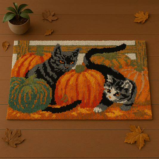Pumpkin Cats - (16x24in - 40x60cm ) - DIY Latch Hook Kit