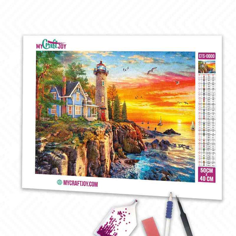 LARGE DIAMOND PAINTING KIT FULL DRILL ROUND COLORFUL LIGHTHOUSE 50X70 CM