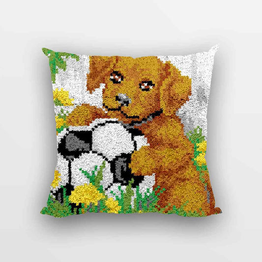 Soccer Dog Pillowcase - (17x17in - 43x43cm) - DIY Latch Hook Kit