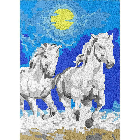 White Horses - (23x33in - 60x85cm) - DIY Latch Hook Kit