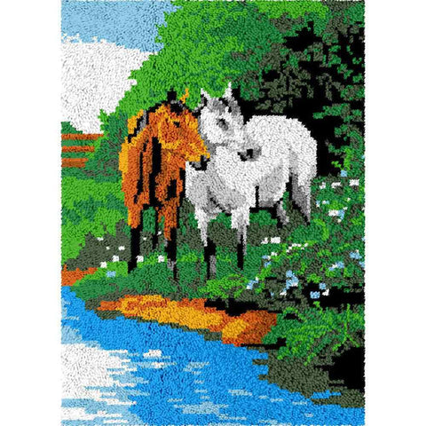 Brown and White Horses - (23x33in - 60x85cm) - DIY Latch Hook Kit